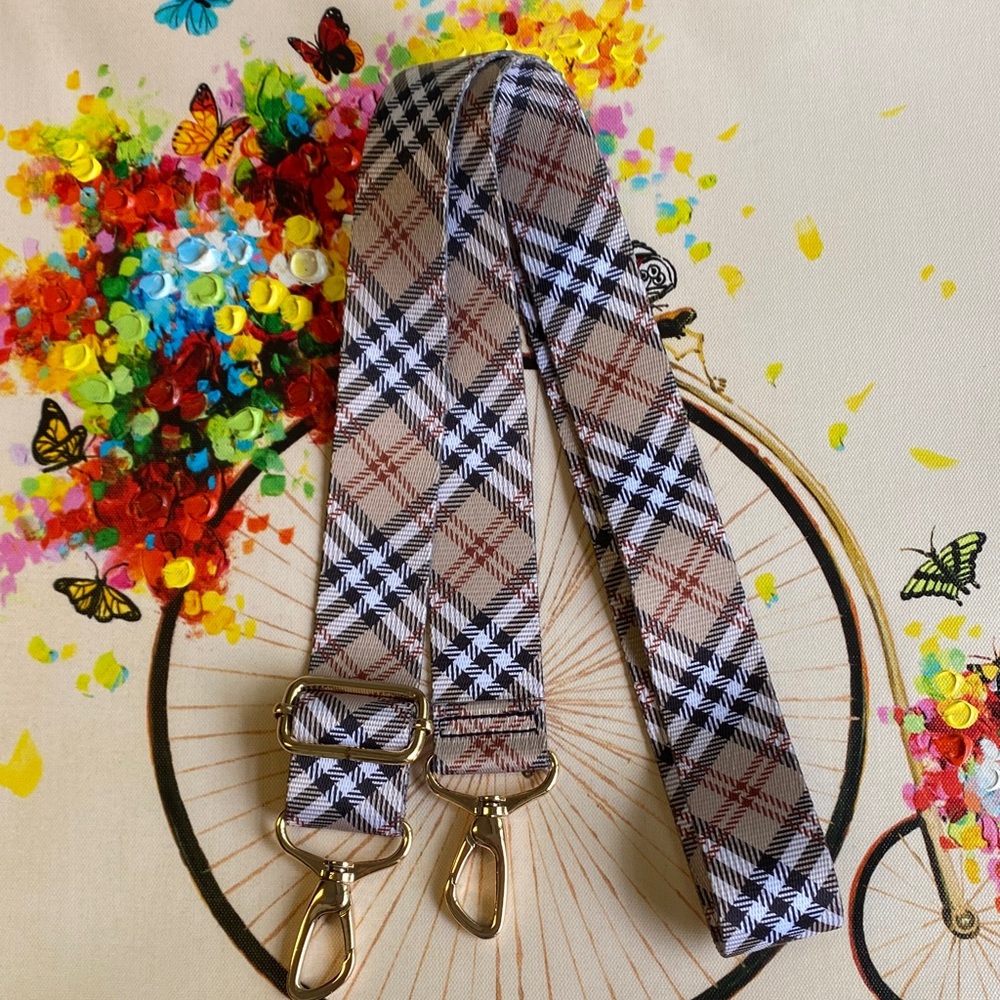 Adjustable Plaid Bag Strap in Beige Black White.